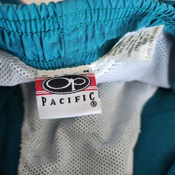 Vtg 80-90s OP Ocean Pacific Swim Trunks Shorts M Surf Spellout‎ Turquoise Flaw - Picture 3 of 12